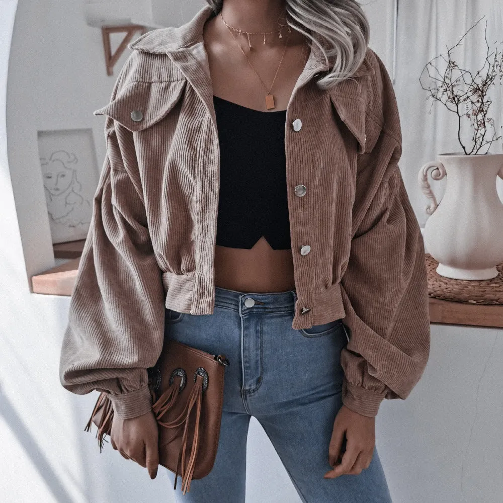 Corduroy Lantern Sleeve Single-breasted Lapel Cardigans Outerwear