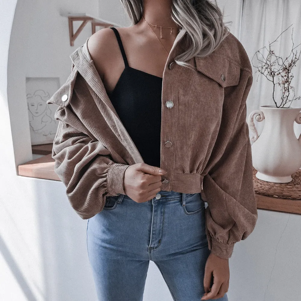 Corduroy Lantern Sleeve Single-breasted Lapel Cardigans Outerwear