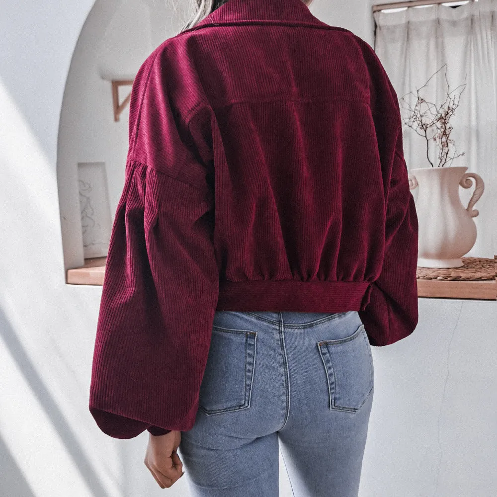 Corduroy Lantern Sleeve Single-breasted Lapel Cardigans Outerwear