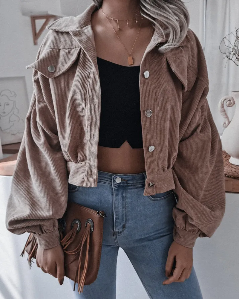 Corduroy Lantern Sleeve Single-breasted Lapel Cardigans Outerwear