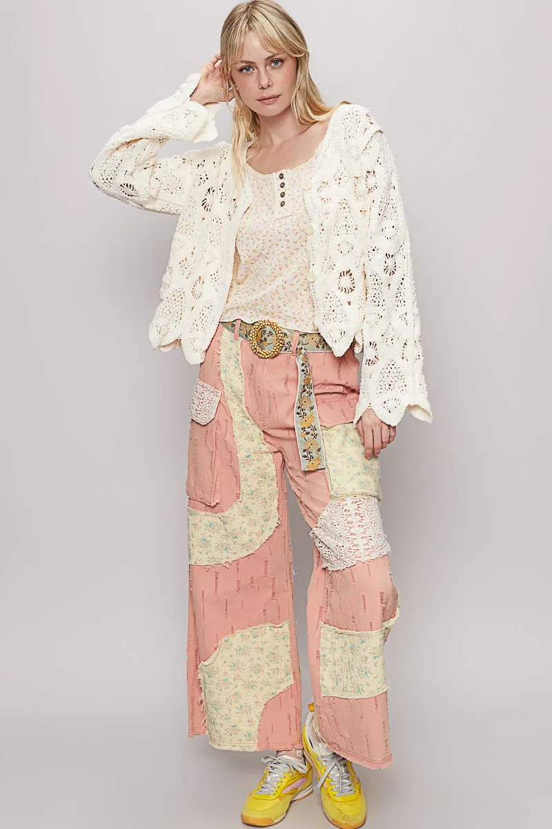 Cream Long sleeve V-neck knit crochet POL cardigan