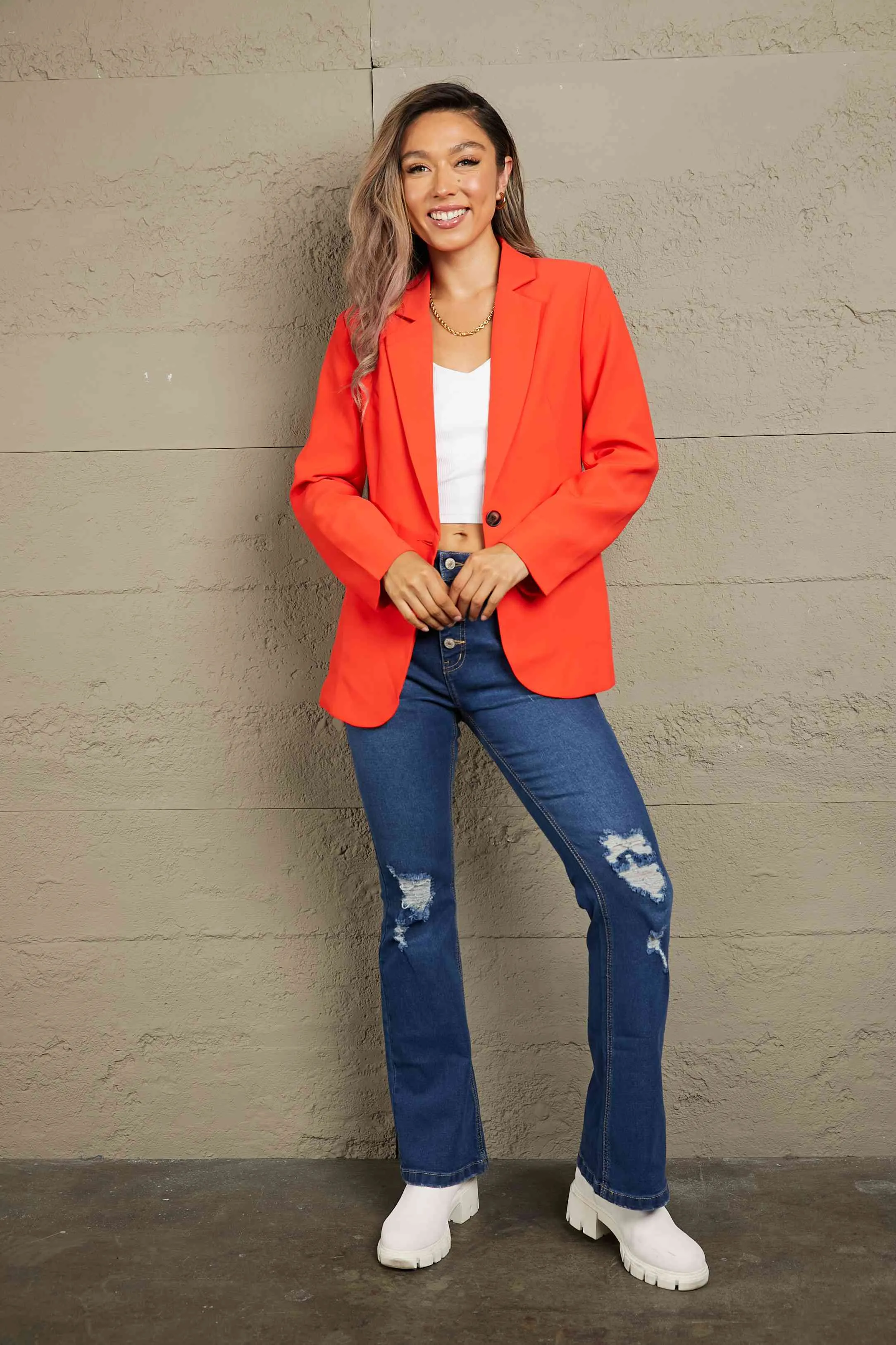 Double Take One-Button Padded-Shoulder Blazer