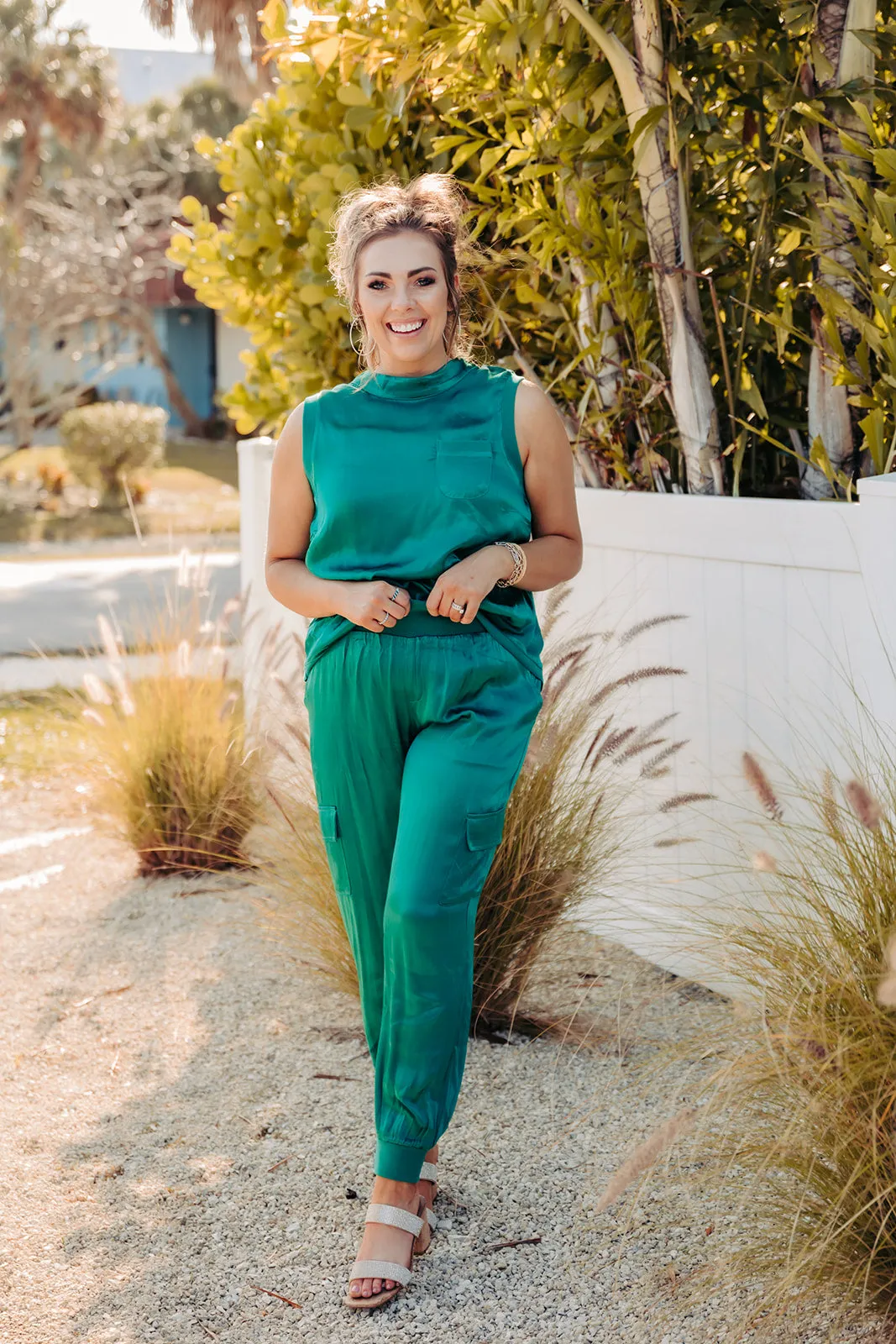 Emerald Green Satin Cargo Jogger Pants