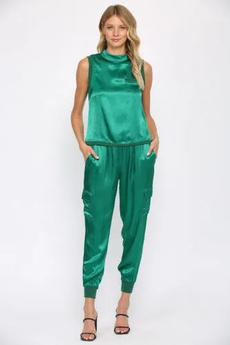 Emerald Green Satin Cargo Jogger Pants
