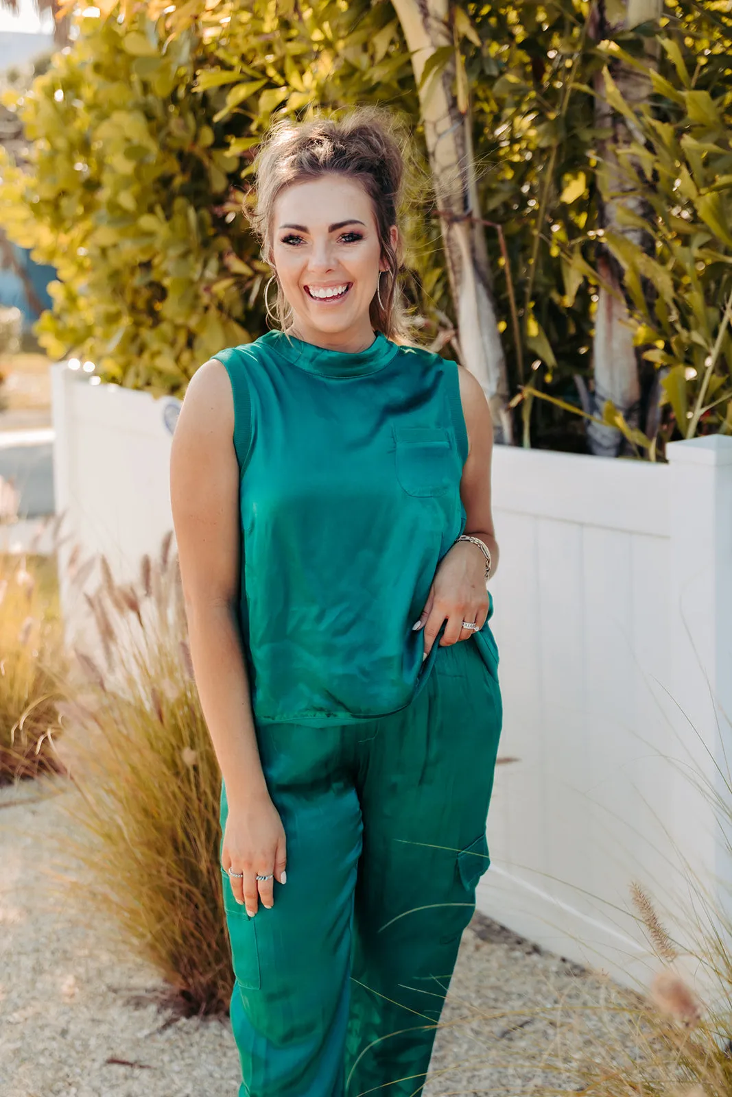 Emerald Green Satin Cargo Jogger Pants