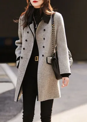 Französischer Woll-Trenchcoat von Monique™: Grau, Doppelknopf, Patchwork, Herbst-Angebot (letzter Tag)