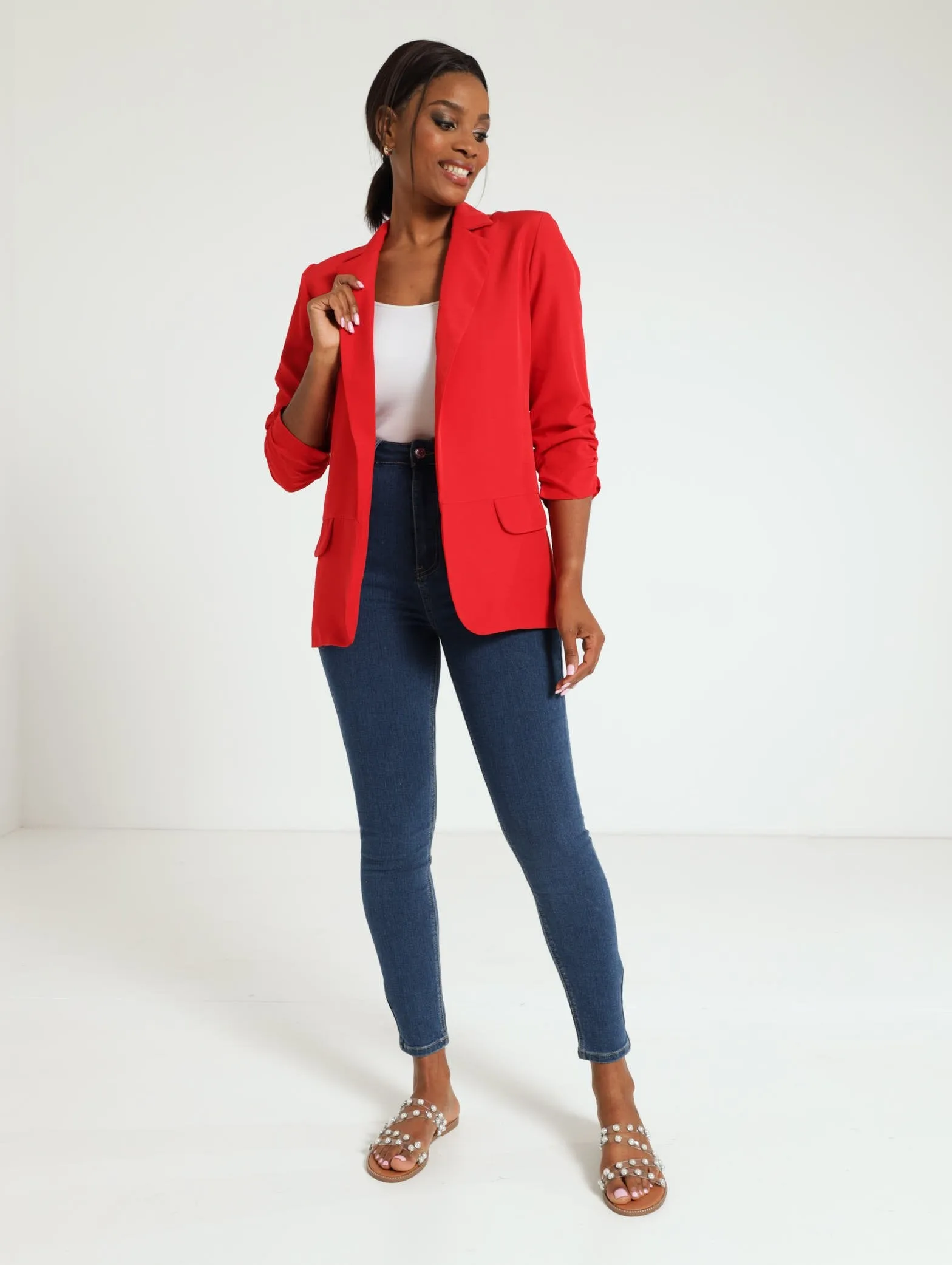 Gauged Sleeve Blazer - Red