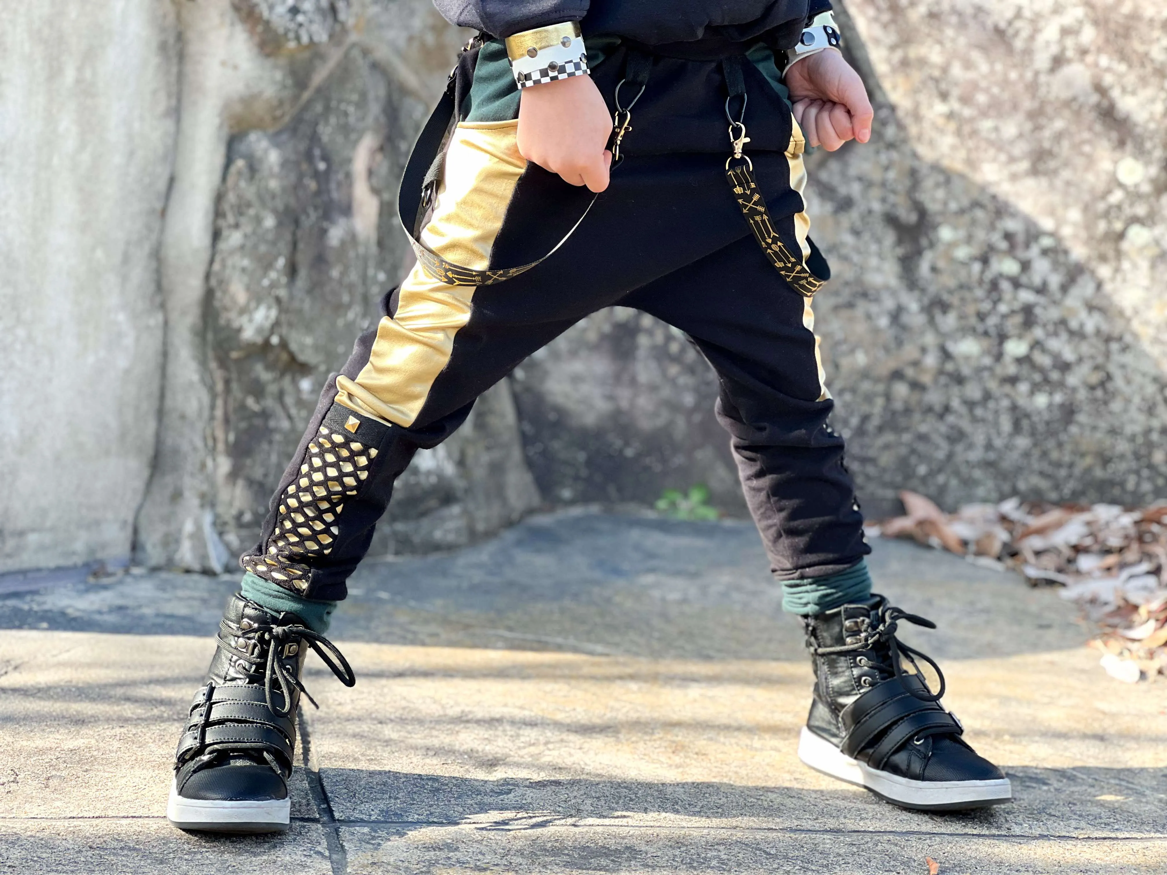 Gold and Black Kids Joggers with straps ,unisex boys girls