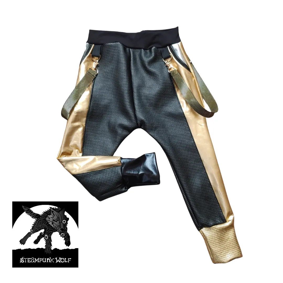 Gold and Black Kids Joggers with straps ,unisex boys girls