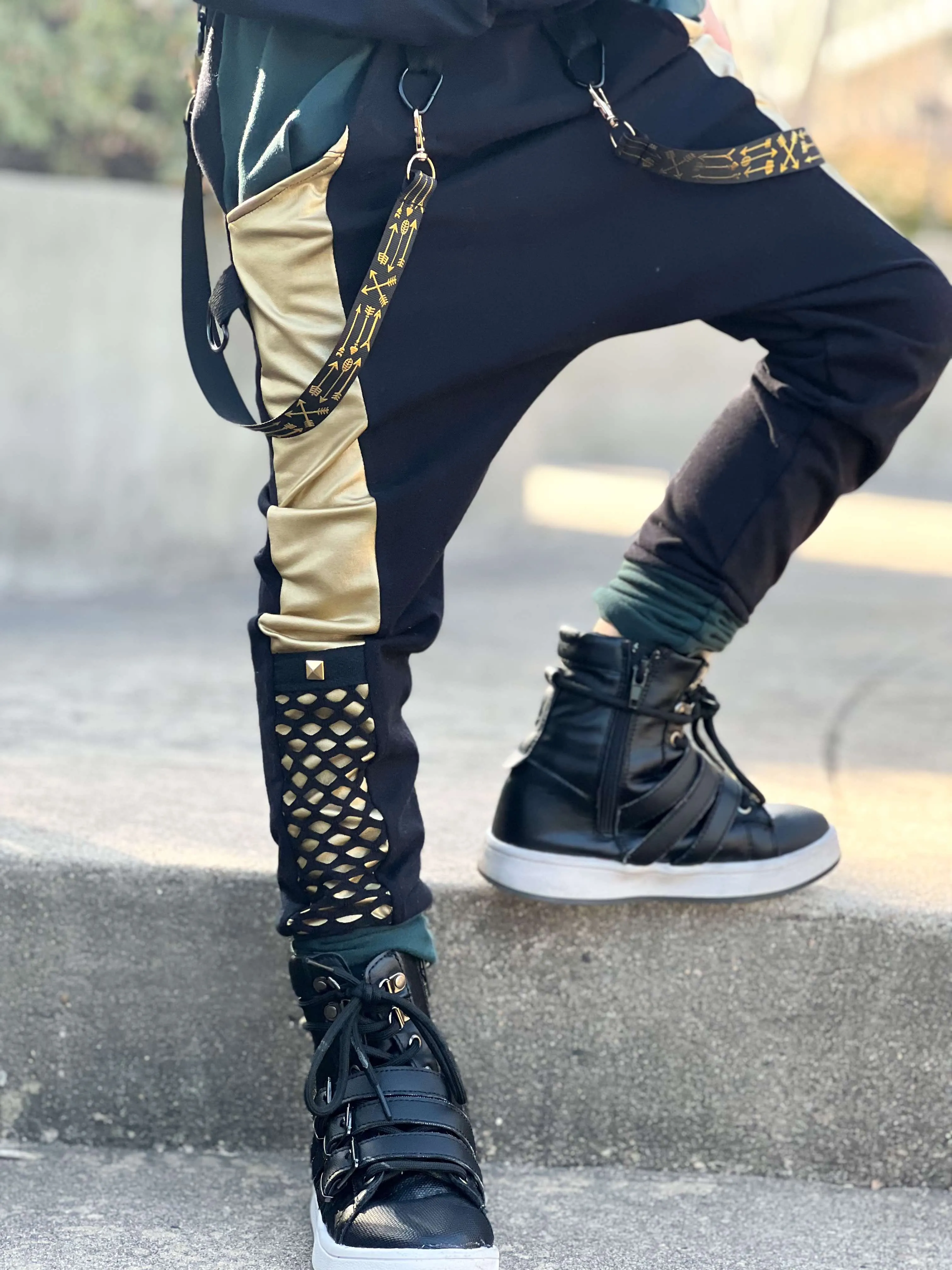 Gold and Black Kids Joggers with straps ,unisex boys girls