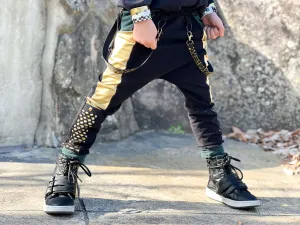 Gold and Black Kids Joggers with straps ,unisex boys girls