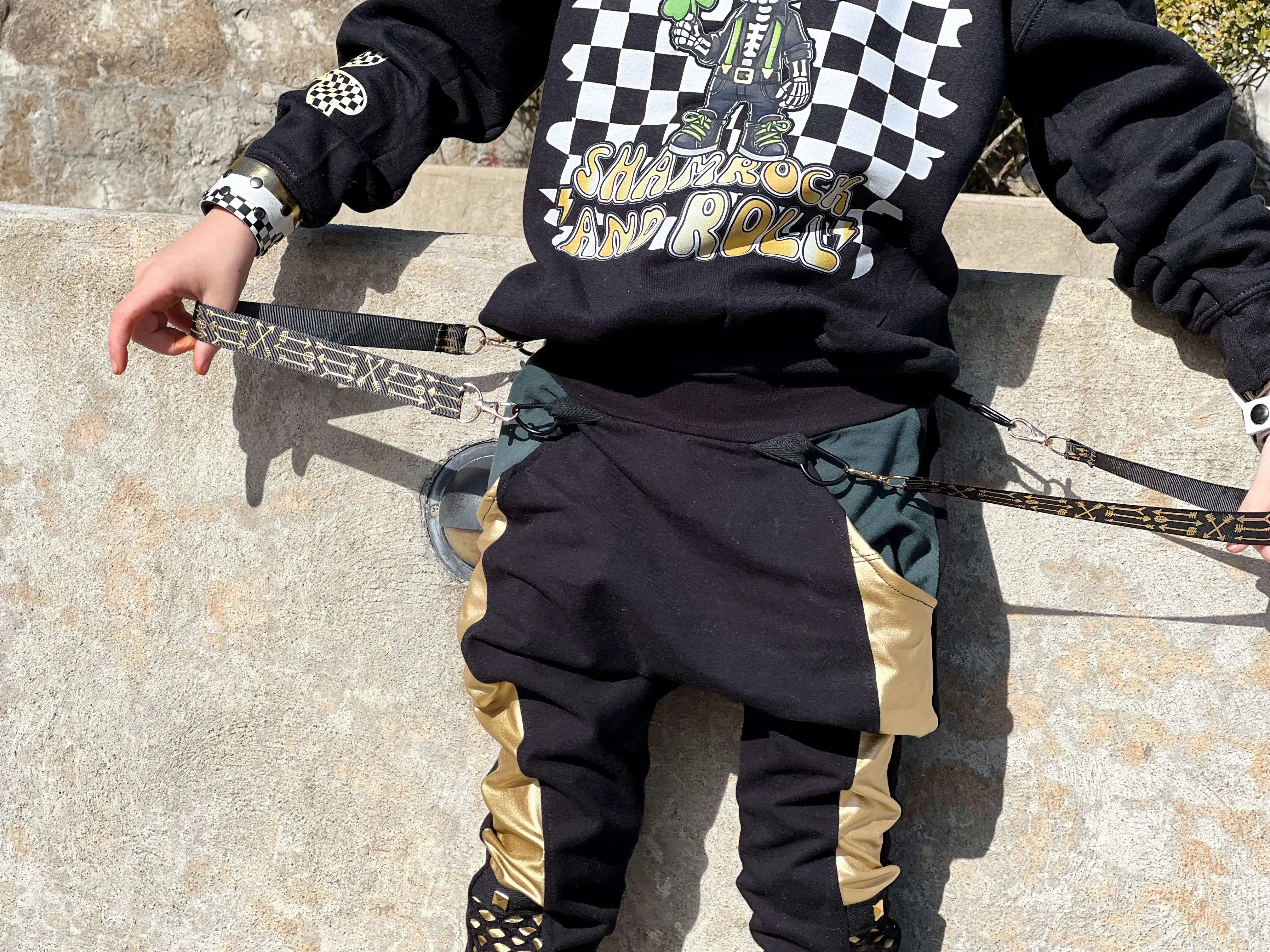 Gold and Black Kids Joggers with straps ,unisex boys girls