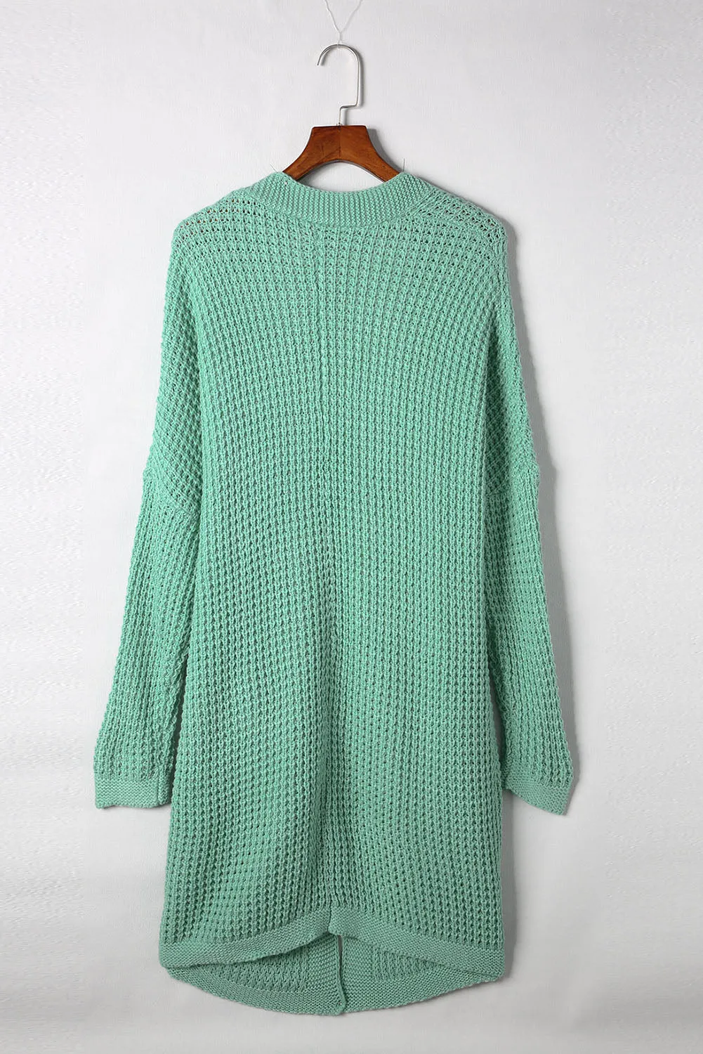 Green Long Line Open Front Knitted Cardigan with Pockets
