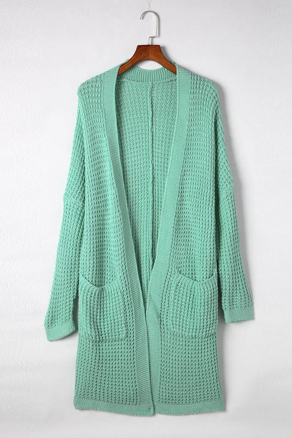 Green Long Line Open Front Knitted Cardigan with Pockets