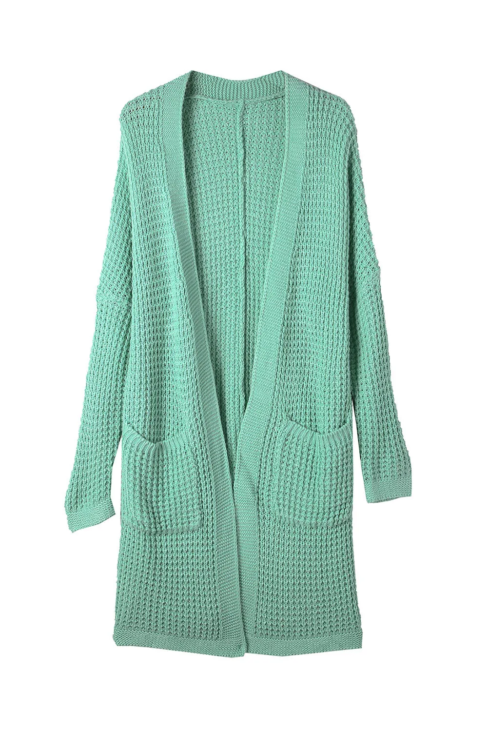 Green Long Line Open Front Knitted Cardigan with Pockets