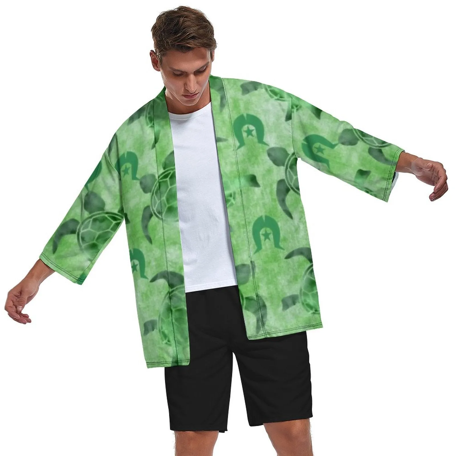 Green Turtle Pattern on Drop Shoulder Male Kimono Cardigan