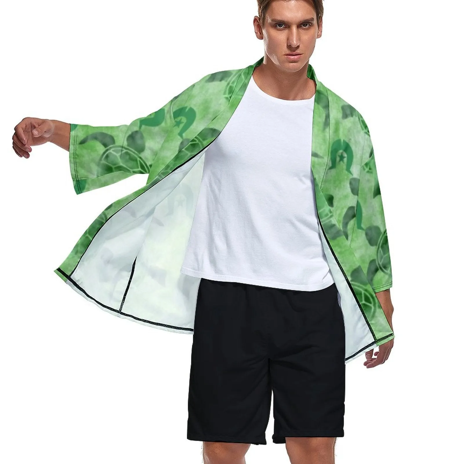 Green Turtle Pattern on Drop Shoulder Male Kimono Cardigan