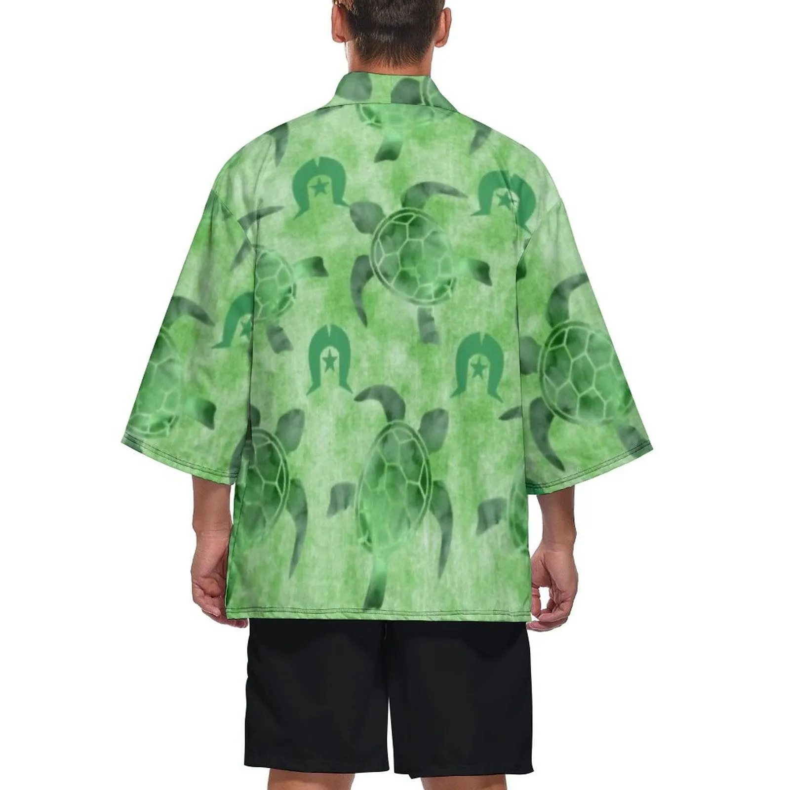 Green Turtle Pattern on Drop Shoulder Male Kimono Cardigan