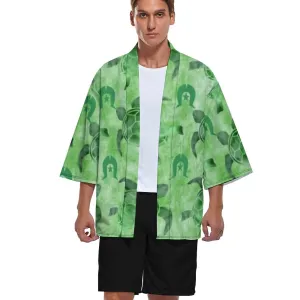 Green Turtle Pattern on Drop Shoulder Male Kimono Cardigan