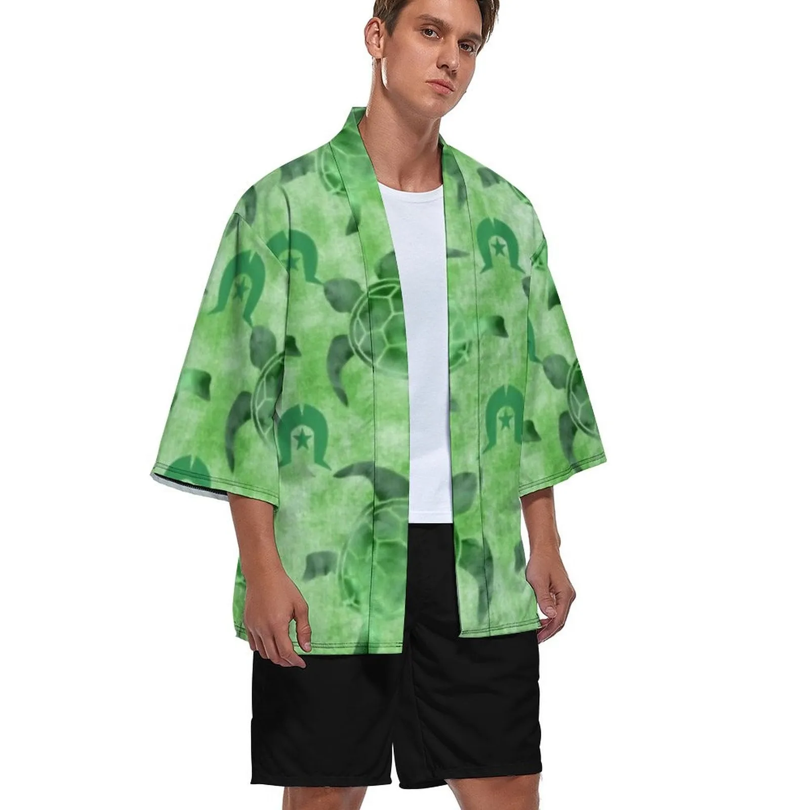 Green Turtle Pattern on Drop Shoulder Male Kimono Cardigan