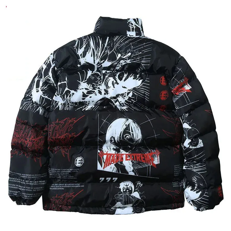 Hip Hop Graffiti Cartoon Anime Print Parkas Mens Streetwear Harajuku Winter Thickend Warm Zipper Padded Jacket Coats Unisex