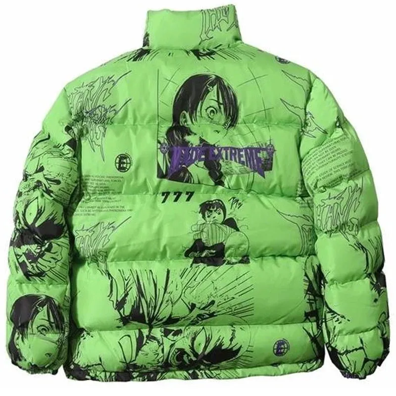 Hip Hop Graffiti Cartoon Anime Print Parkas Mens Streetwear Harajuku Winter Thickend Warm Zipper Padded Jacket Coats Unisex