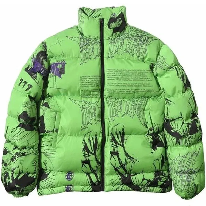 Hip Hop Graffiti Cartoon Anime Print Parkas Mens Streetwear Harajuku Winter Thickend Warm Zipper Padded Jacket Coats Unisex