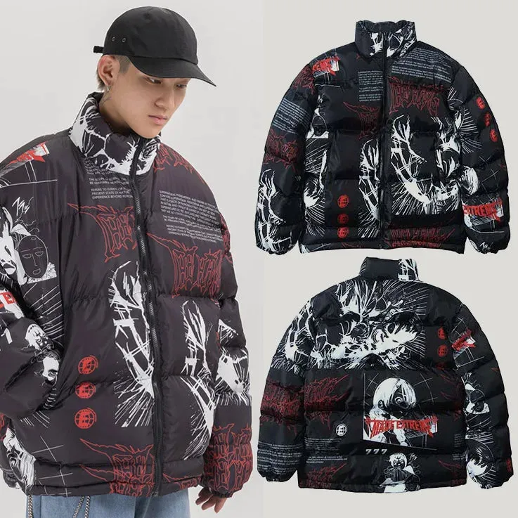 Hip Hop Graffiti Cartoon Anime Print Parkas Mens Streetwear Harajuku Winter Thickend Warm Zipper Padded Jacket Coats Unisex