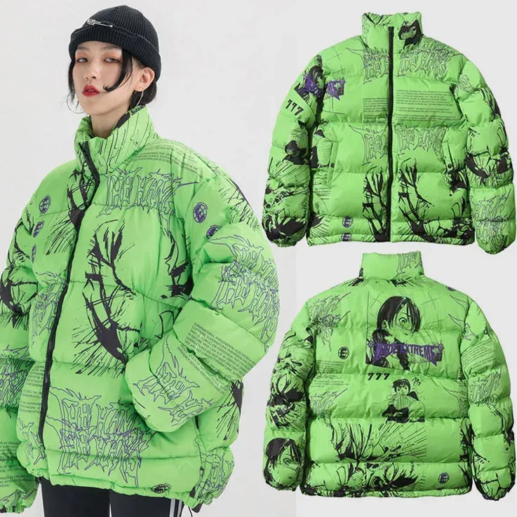 Hip Hop Graffiti Cartoon Anime Print Parkas Mens Streetwear Harajuku Winter Thickend Warm Zipper Padded Jacket Coats Unisex