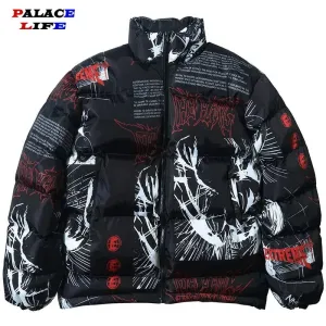 Hip Hop Graffiti Cartoon Anime Print Parkas Mens Streetwear Harajuku Winter Thickend Warm Zipper Padded Jacket Coats Unisex