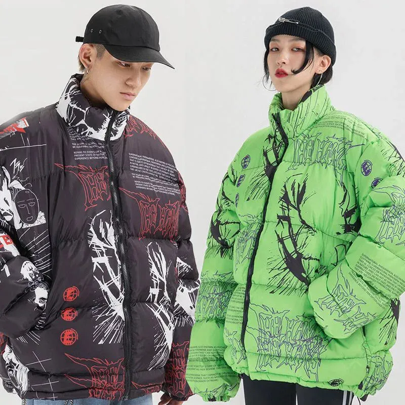 Hip Hop Graffiti Cartoon Anime Print Parkas Mens Streetwear Harajuku Winter Thickend Warm Zipper Padded Jacket Coats Unisex
