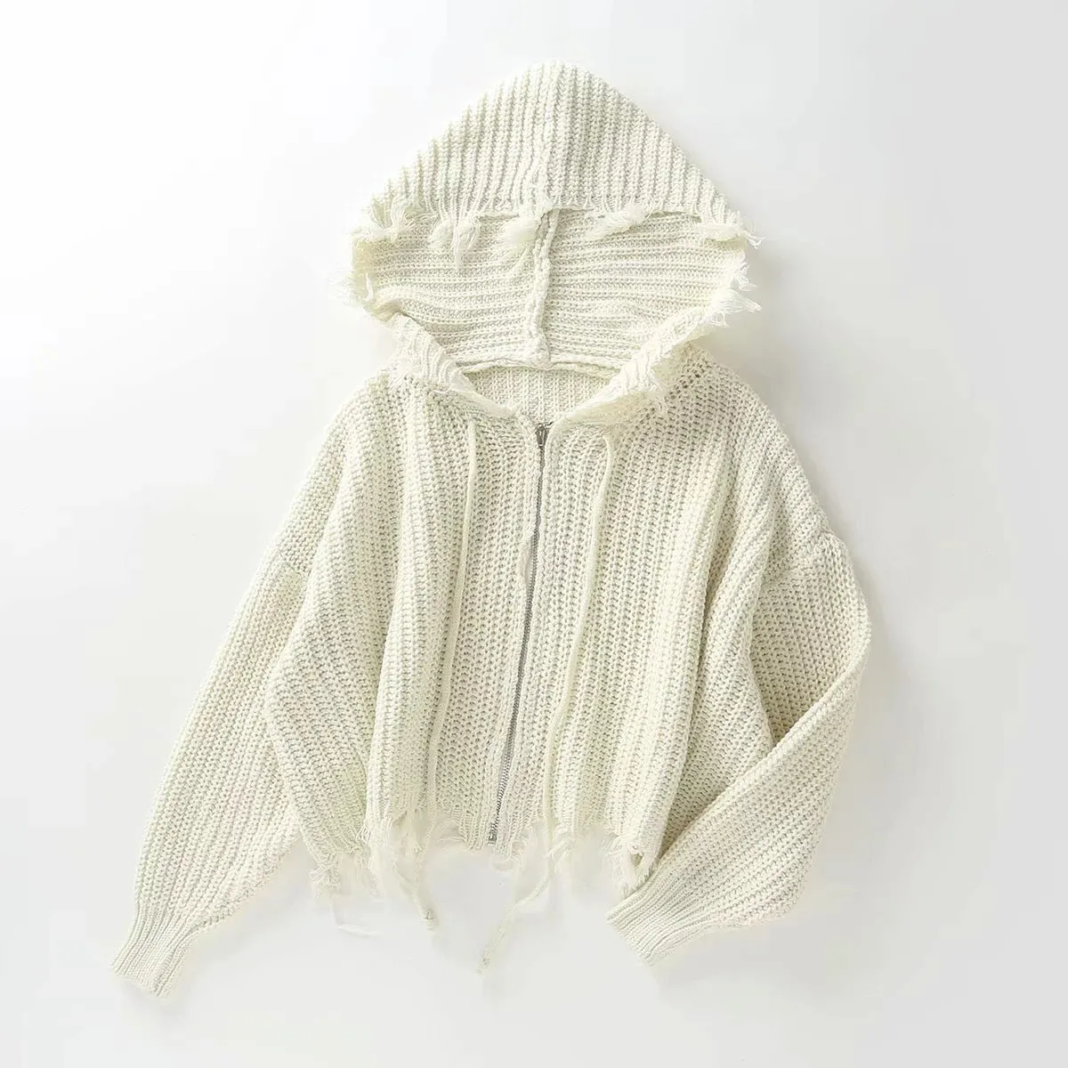 Hooded Batwing Sleeve Tassel Sweater Zipper Knitting Cardigan