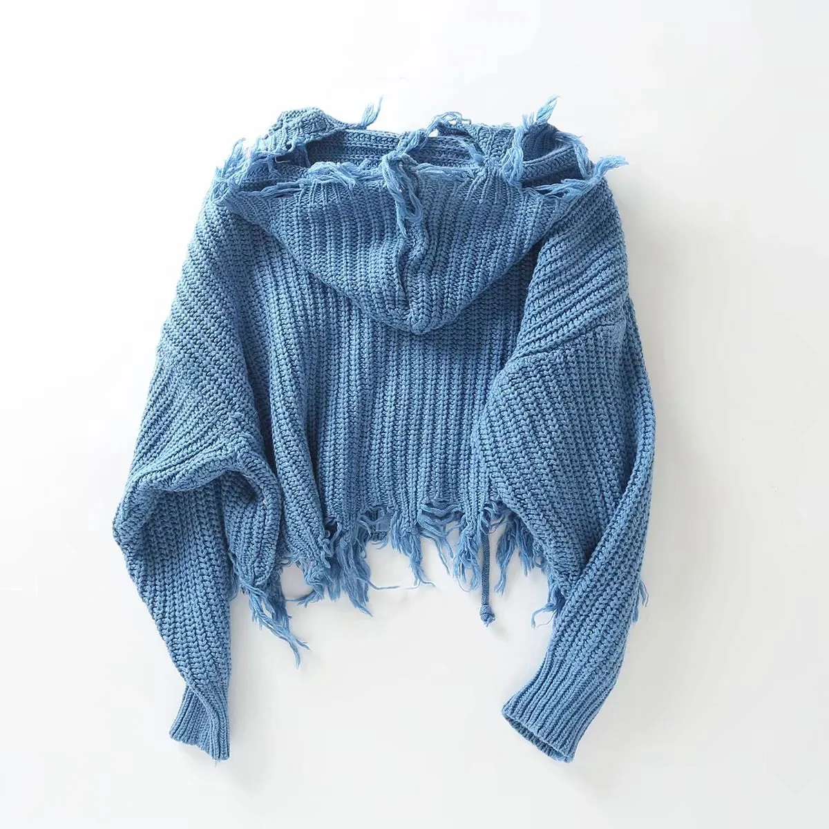 Hooded Batwing Sleeve Tassel Sweater Zipper Knitting Cardigan