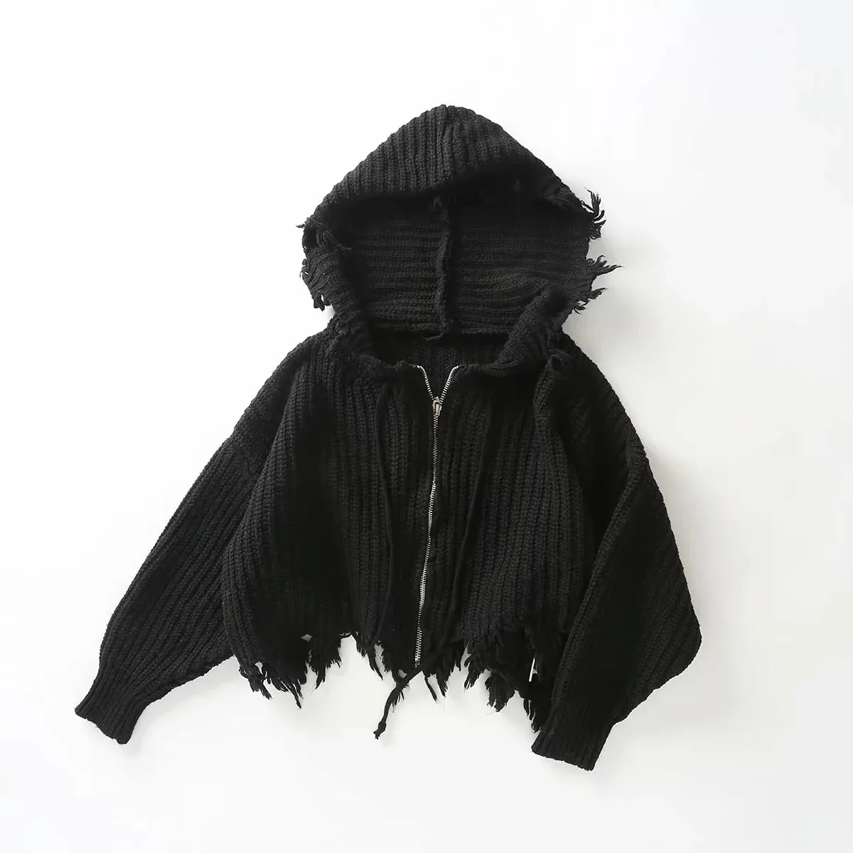 Hooded Batwing Sleeve Tassel Sweater Zipper Knitting Cardigan