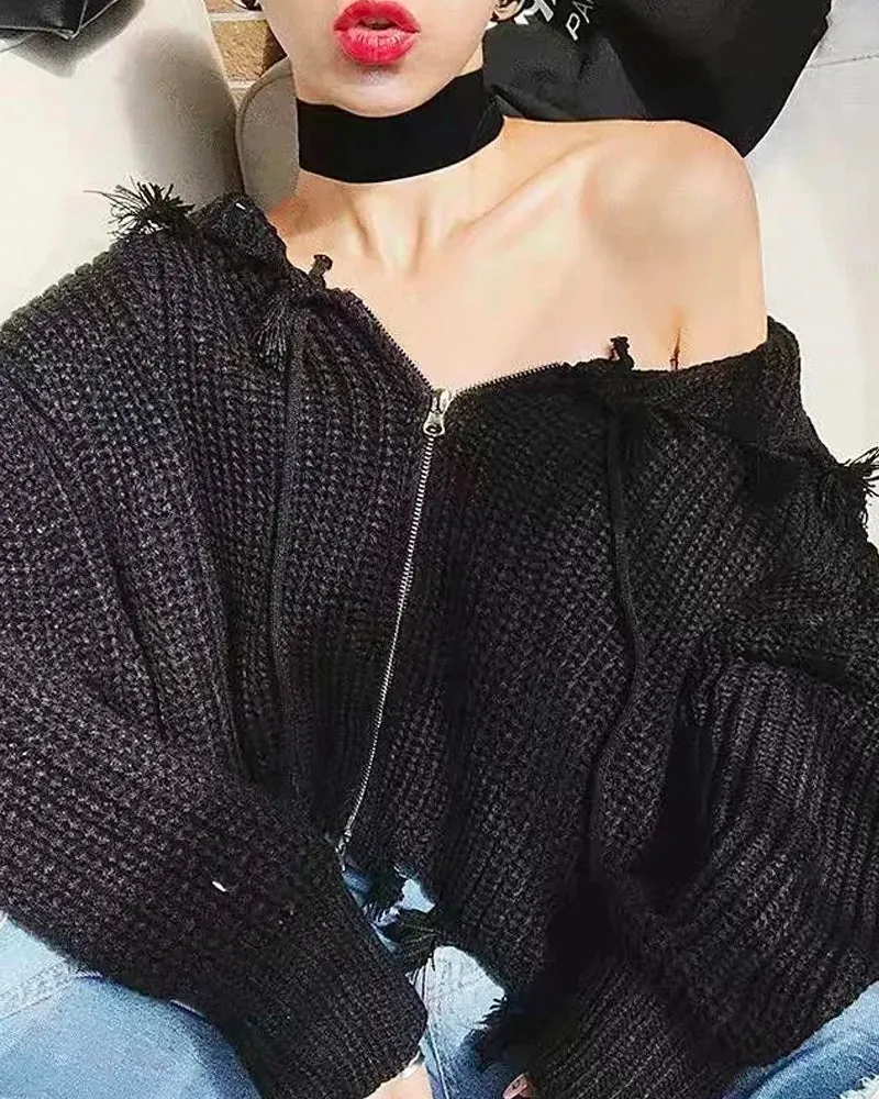 Hooded Batwing Sleeve Tassel Sweater Zipper Knitting Cardigan