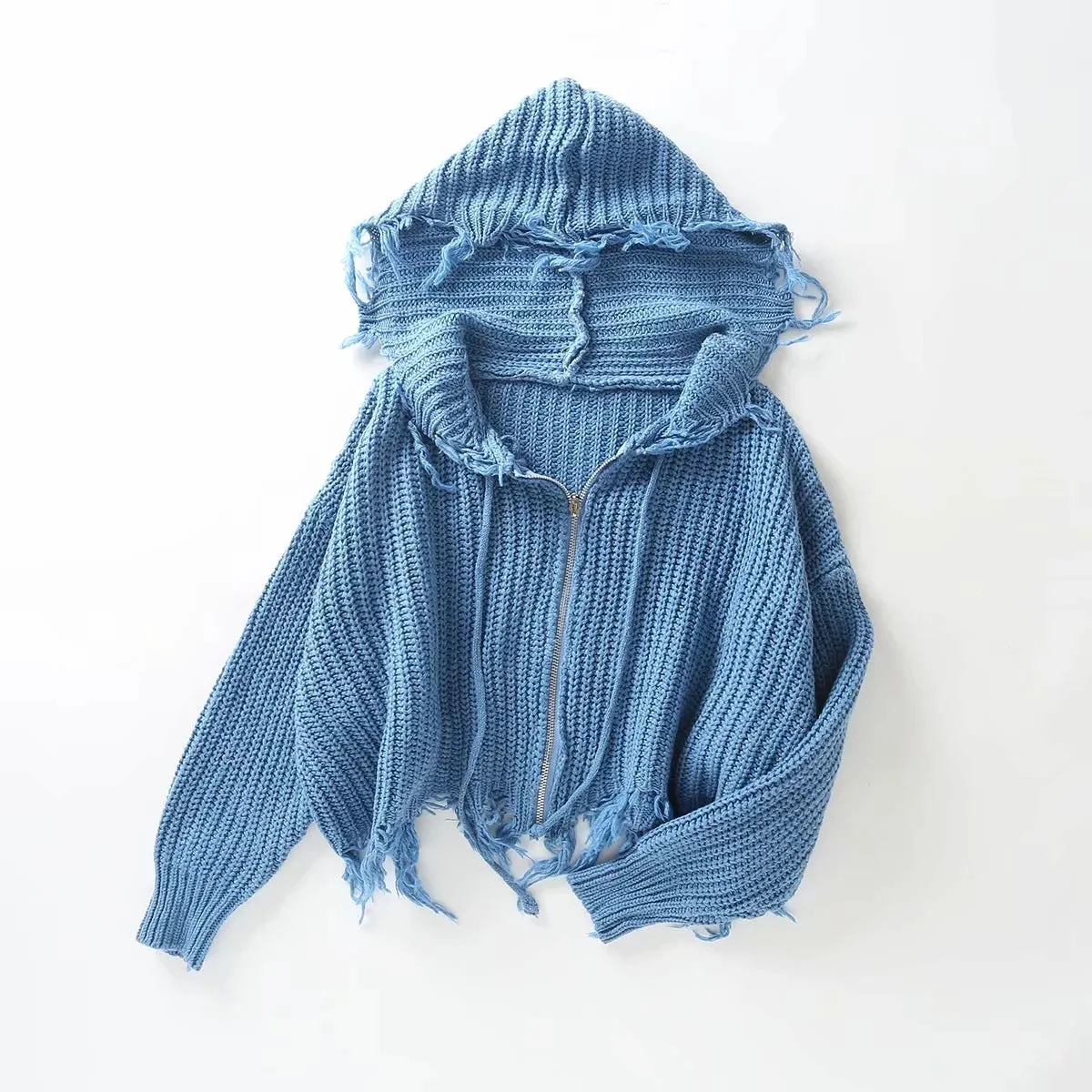 Hooded Batwing Sleeve Tassel Sweater Zipper Knitting Cardigan
