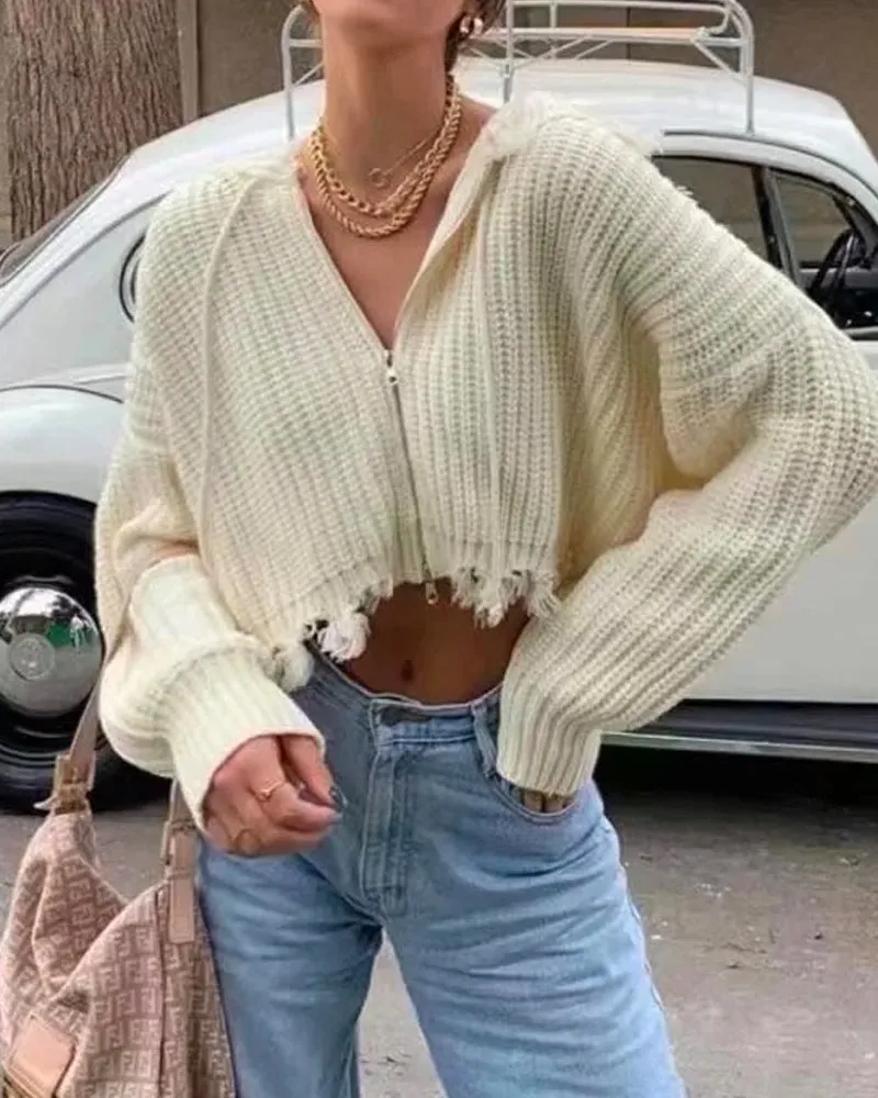 Hooded Batwing Sleeve Tassel Sweater Zipper Knitting Cardigan