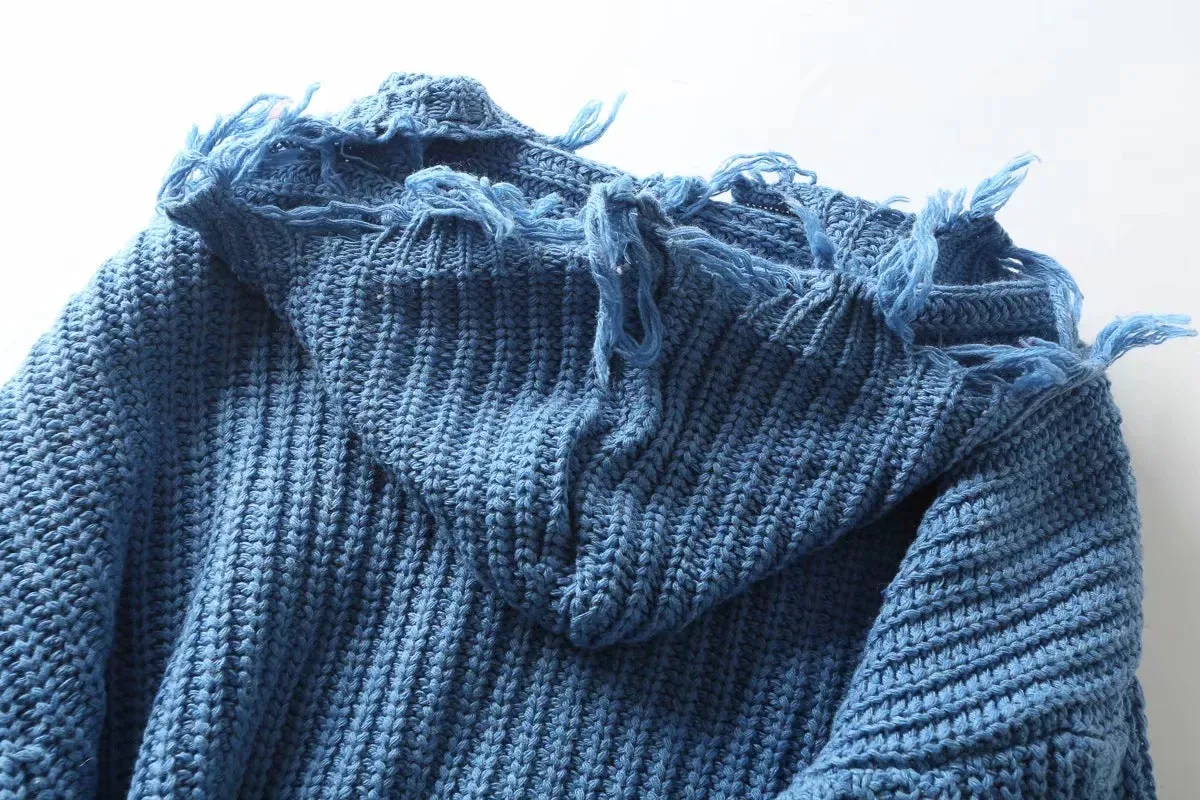 Hooded Batwing Sleeve Tassel Sweater Zipper Knitting Cardigan