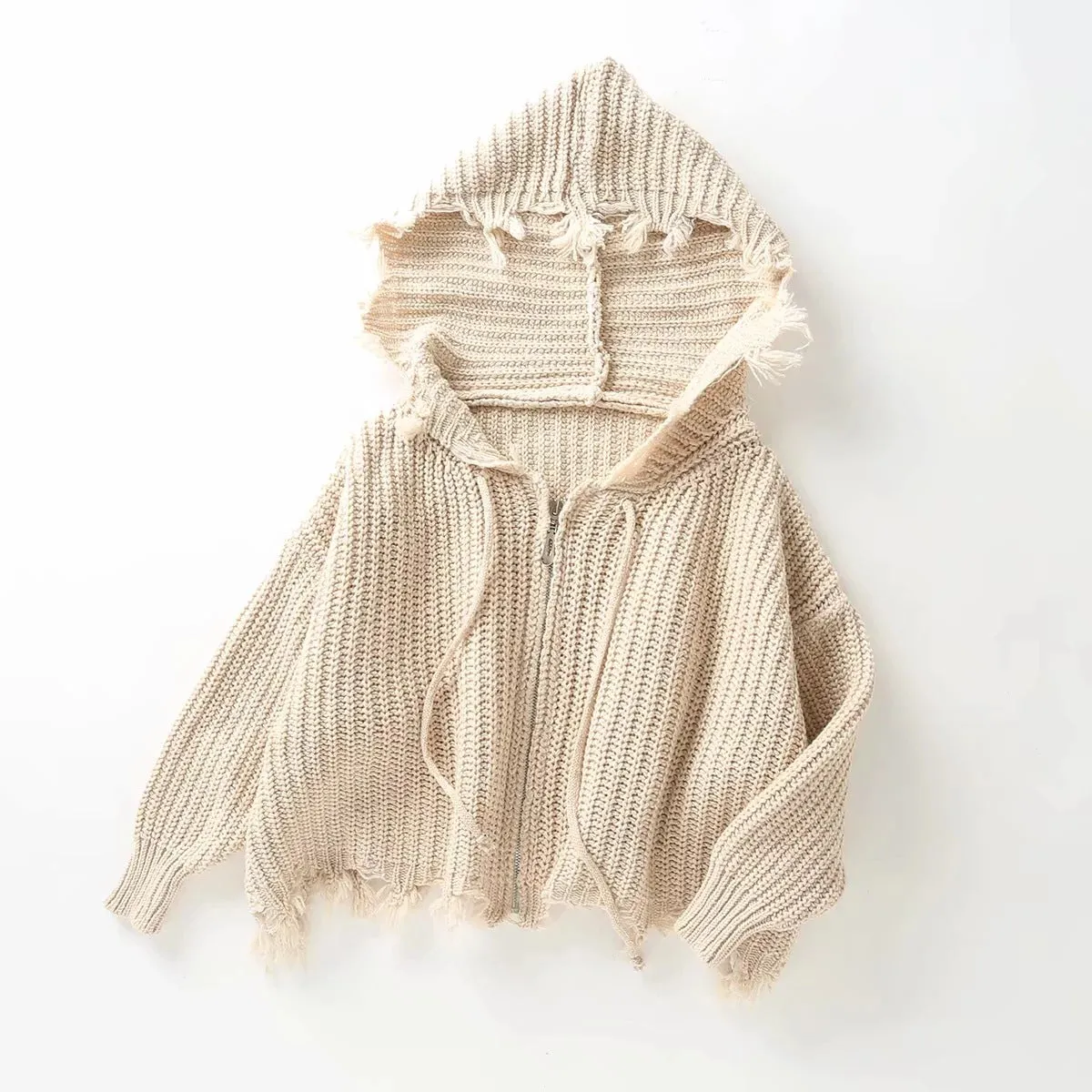 Hooded Batwing Sleeve Tassel Sweater Zipper Knitting Cardigan