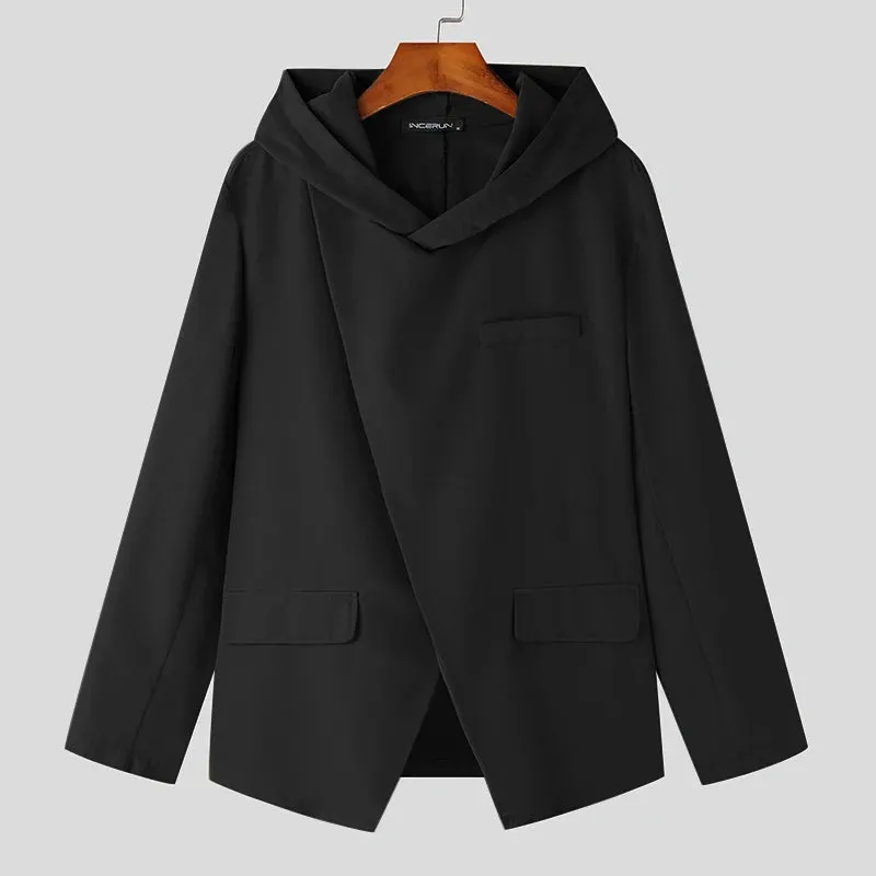 INCERUN Tops 2023 Korean Style Handsome Men Hooded Diagonal Placket Design Suit Solid All-match Casual Street Male Blazer S-5XL