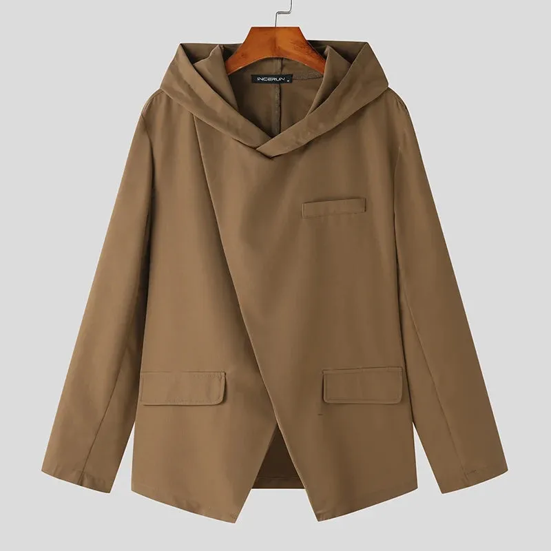 INCERUN Tops 2023 Korean Style Handsome Men Hooded Diagonal Placket Design Suit Solid All-match Casual Street Male Blazer S-5XL