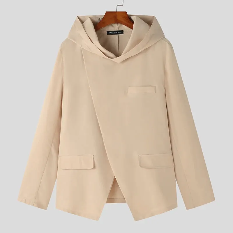INCERUN Tops 2023 Korean Style Handsome Men Hooded Diagonal Placket Design Suit Solid All-match Casual Street Male Blazer S-5XL