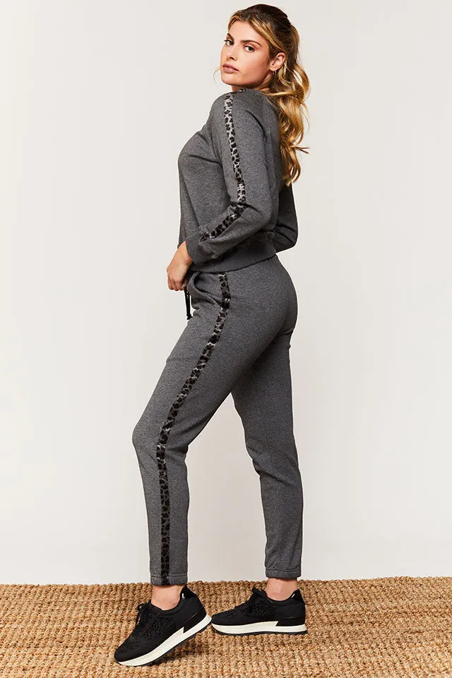 Jill heather grey w/leopard stripe joggers