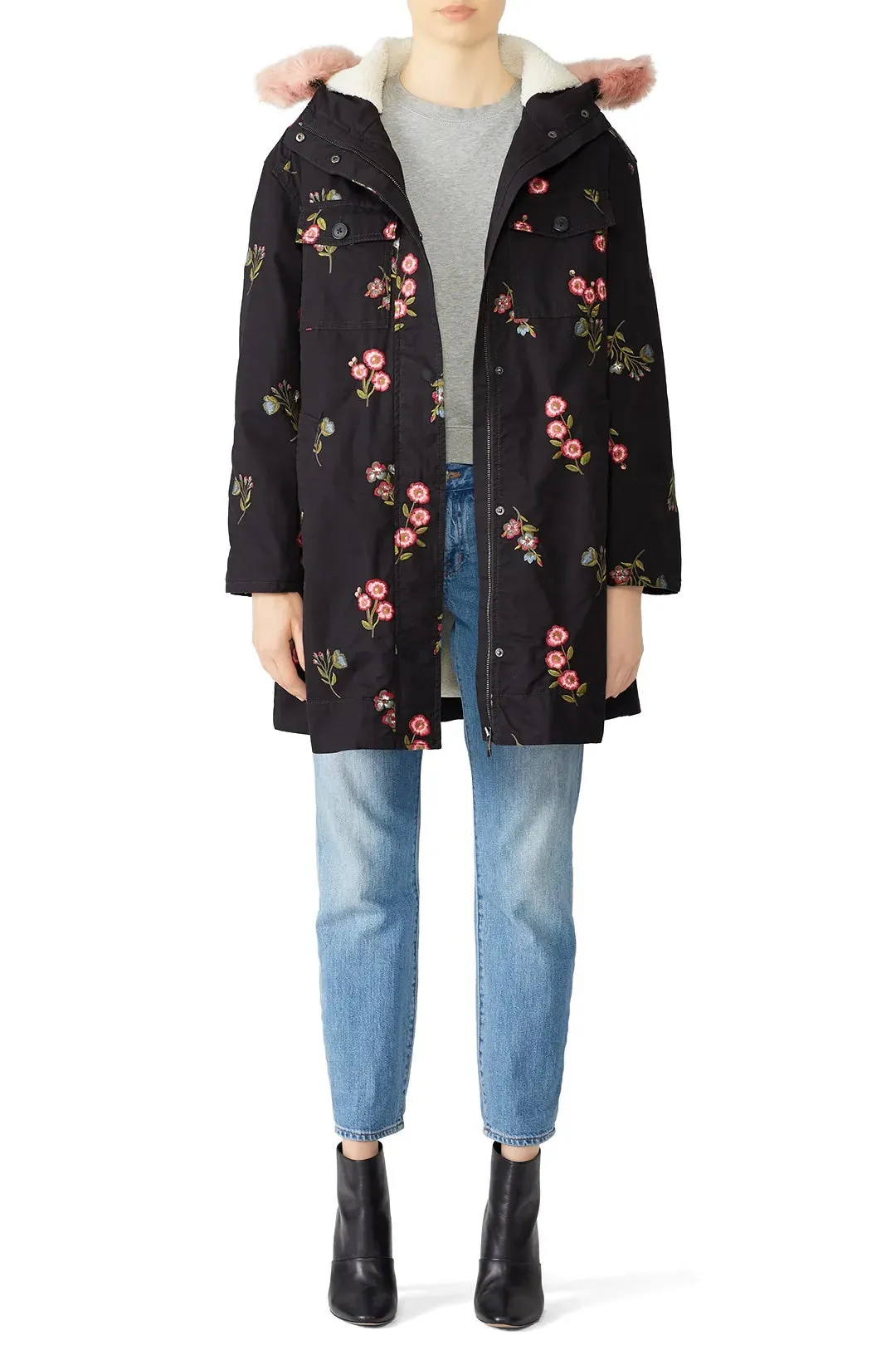 KATE SPADE NY BROOME STREET EMBROIDERED FLORAL TWILL COAT