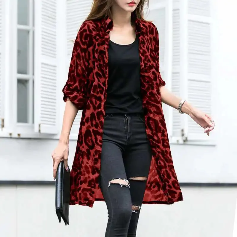 Leopard Cardigans Women's Summer Blouses Long Kimono Cape Female Lapel Tunic