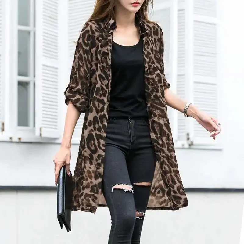 Leopard Cardigans Women's Summer Blouses Long Kimono Cape Female Lapel Tunic