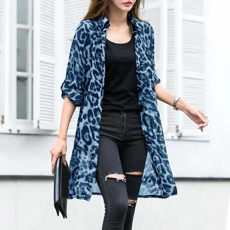 Leopard Cardigans Women's Summer Blouses Long Kimono Cape Female Lapel Tunic