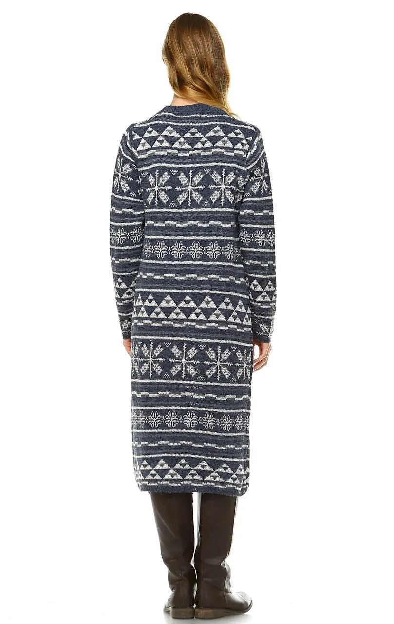 Long Aztec Cardigan Tribal Sweater Holiday Isle Pattern Navy Gray