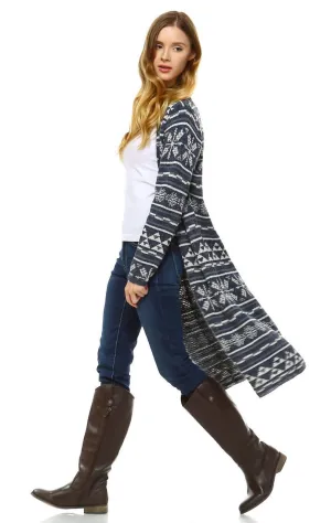 Long Aztec Cardigan Tribal Sweater Holiday Isle Pattern Navy Gray
