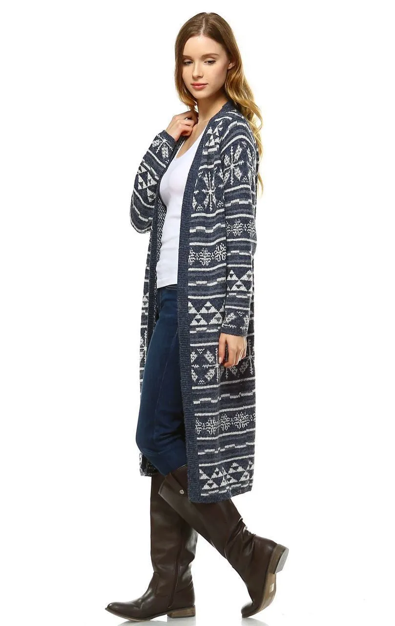 Long Aztec Cardigan Tribal Sweater Holiday Isle Pattern Navy Gray